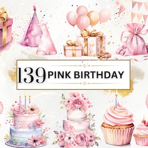 水彩ピンクの誕生日クリップアート バンドル - 139 個の誕生日 PNG、誕生日バンドル、女の子の誕生日 PNG デザイン、誕生日パーティー クリップアート、ケーキ PNG