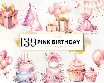 Watercolor Pink Birthday Clipart Bundle - 139 Birthday PNGs, Birthday Bundle, Girl Birthday PNG Designs, Birthday Party Clipart, Cake PNG