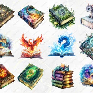 A collection of dragon books in artistic variations. Features designs with dragons emerging from books, vibrant color palettes, glowing effects, and textures, like scaly book covers and glowing text.