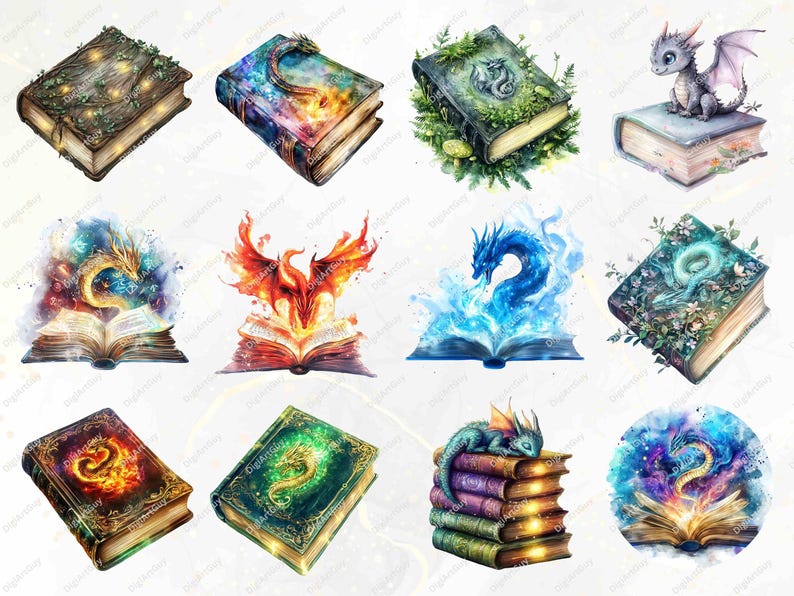A collection of dragon books in artistic variations. Features designs with dragons emerging from books, vibrant color palettes, glowing effects, and textures, like scaly book covers and glowing text.