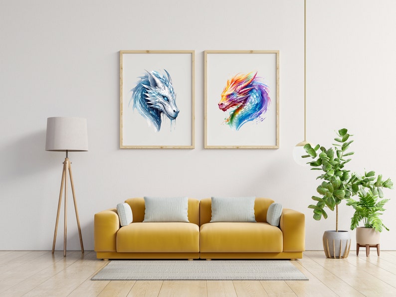 May include: Two framed watercolor paintings of dragon heads. The left painting features a white dragon head with blue accents. The right painting features a multi-colored dragon head with pink, orange, yellow, blue, and purple accents.