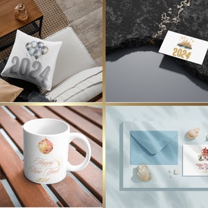 May include: A set of four New Year's themed products: a white pillow with gold and gray balloons and the number 2024, a white mug with a gold and pink ornament and the text "Happy New Year 2024", a white card with gold fireworks and the number 2024, and a white card with a red pagoda and the text "Happy Chinese New Year".