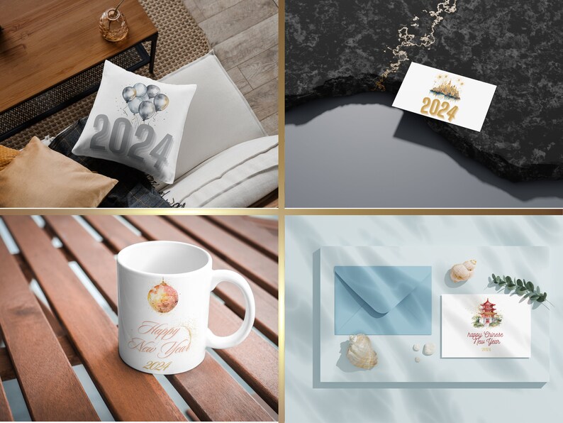 May include: A set of four New Year's themed products: a white pillow with gold and gray balloons and the number 2024, a white mug with a gold and pink ornament and the text "Happy New Year 2024", a white card with gold fireworks and the number 2024, and a white card with a red pagoda and the text "Happy Chinese New Year".