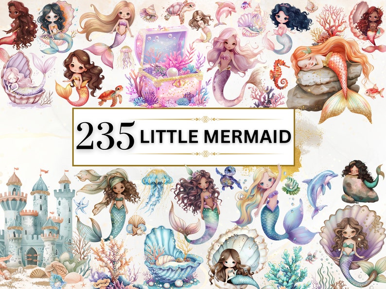 The image shows Watercolor Mermaids Clipart Bundle featuring 235 designs including mermaids, sleepy mermaids, mermaids in shells, mermaid's castle, treasure box, turtle, dolphins, seahorse, starfish, coral reefs, and more.