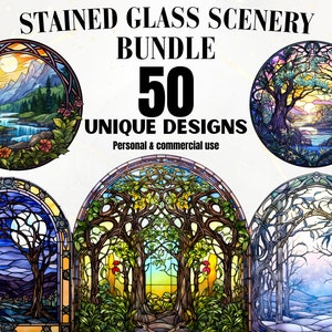 Stained Glass Scenery Clipart - Stained Glass Design Bundle, Landscapes, Seasons, Digital, Glass Patterns, Decor, Wall Art, DIY, Printable