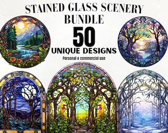 Stained Glass Scenery Clipart - Stained Glass Design Bundle, Landscapes, Seasons, Digital, Glass Patterns, Decor, Wall Art, DIY, Printable
