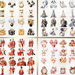May include: A digital sheet of watercolor illustrations featuring various themes, including wedding, birthday, and Chinese New Year. The illustrations include couples, cakes, gifts, and other festive elements.
