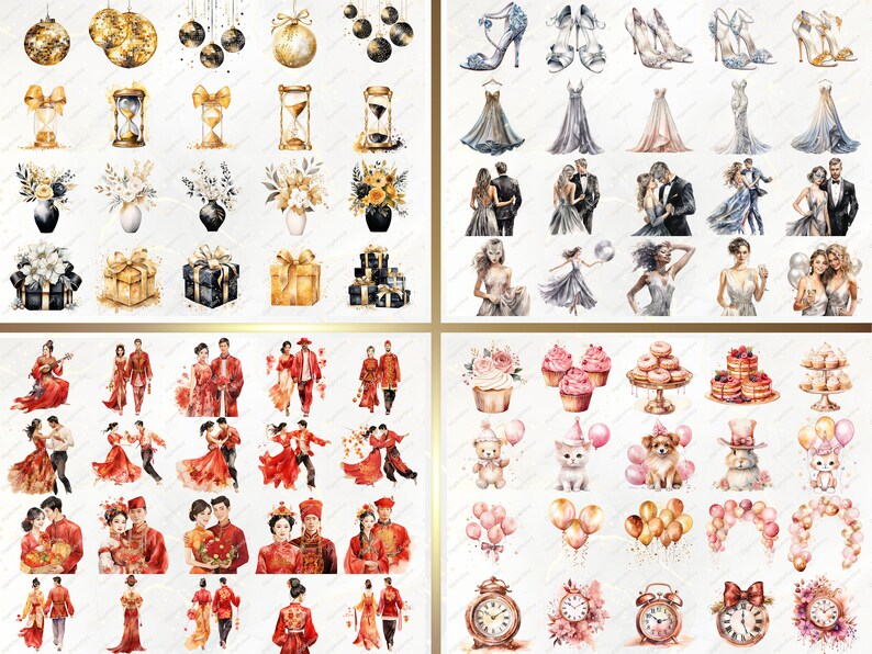May include: A digital sheet of watercolor illustrations featuring various themes, including wedding, birthday, and Chinese New Year. The illustrations include couples, cakes, gifts, and other festive elements.
