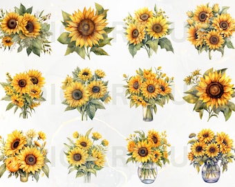 Watercolor Sunflowers Clipart - Fall sunflower floral bouquets, PNG format, instant download for commercial use, transparent, no background