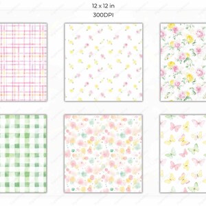 A set of six pattern designs, featuring plaid, polka dots, and watercolor floral elements. The soft pastel color palette includes pinks, yellows, and greens, adding a delicate touch to creative projects.