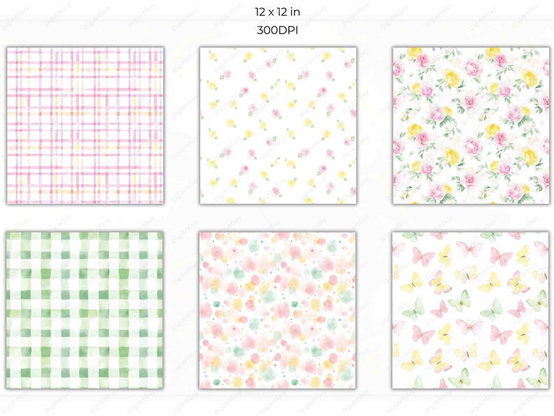 A set of six pattern designs, featuring plaid, polka dots, and watercolor floral elements. The soft pastel color palette includes pinks, yellows, and greens, adding a delicate touch to creative projects.