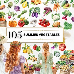Clipart aquarelle d'été ferme PNG Clipart de légumes été PNG impression de légumes mignons autocollants d'été jardin clipart nourriture PNG usage commercial
