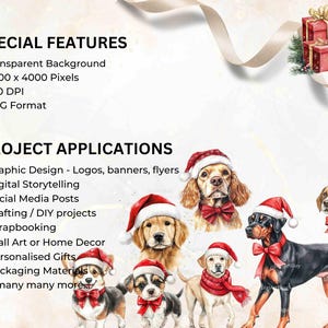 A grid of watercolor-style dog illustrations featuring different breeds wearing Santa hats and red bows, with each dog posing on a light festive background