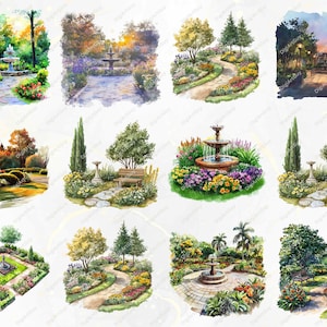 A lovely collection of garden-themed watercolor illustrations, including floral paths and calming fountains. These transparent background images are perfect for digital designs, DIY projects, home decor, and nature-inspired crafts.