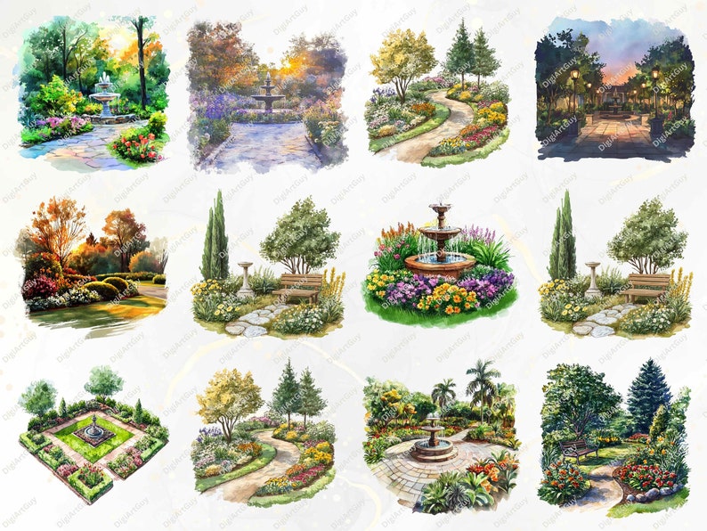 A lovely collection of garden-themed watercolor illustrations, including floral paths and calming fountains. These transparent background images are perfect for digital designs, DIY projects, home decor, and nature-inspired crafts.