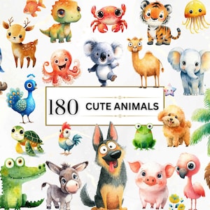 180 süße Tiere Clipart Aquarell Baby-Tiere PNG Baby-Tiere Druckbare Clipart niedlichen Baby-Kinderzimmer-Dekor, Baby-Dusche | Kommerzielle Nutzung