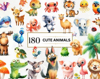 180 Cute Animals Clipart Watercolor Baby Animals PNG Baby Animals Printable Clipart Cute Baby Nursery Decor, Baby Shower | Commercial Use