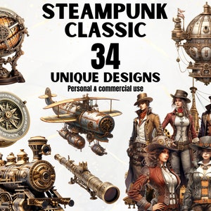 Steampunk Classic Clipart Bundle - Watercolor Steampunk Clipart, Victorian Art, Fantasy Art, Vintage, Commercial Use, Decor, DIY, Printable