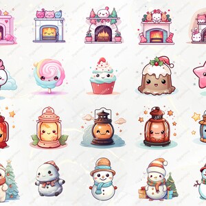 May include: A set of 20 cute cartoon Christmas illustrations featuring a fireplace, ice cream, candy, cupcakes, pudding, a star, lanterns, and snowmen. The illustrations are in a variety of colors and styles.