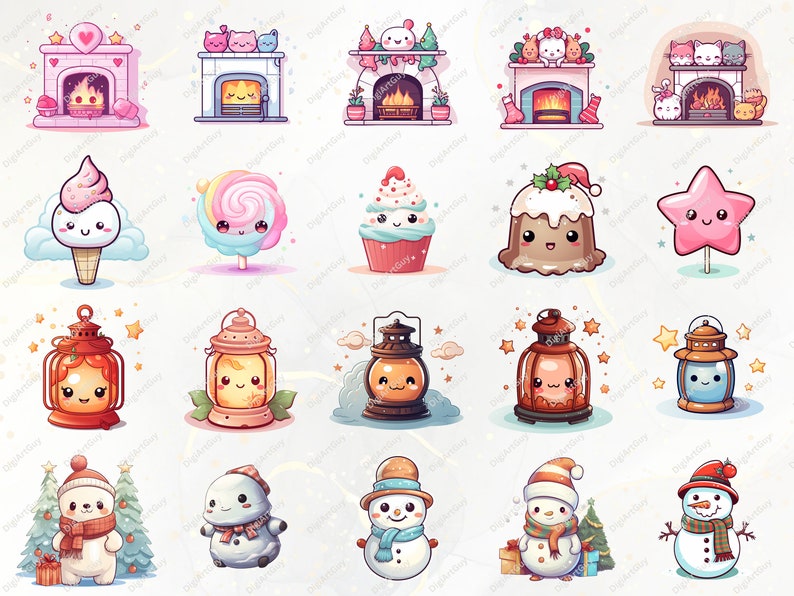 May include: A set of 20 cute cartoon Christmas illustrations featuring a fireplace, ice cream, candy, cupcakes, pudding, a star, lanterns, and snowmen. The illustrations are in a variety of colors and styles.
