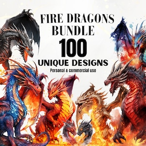 Fire Dragons Clipart Bundle - 100 Fire Dragon PNGs,  Dragon Clipart, Fantasy Clipart, Magical Creatures, Watercolor, Digital Download