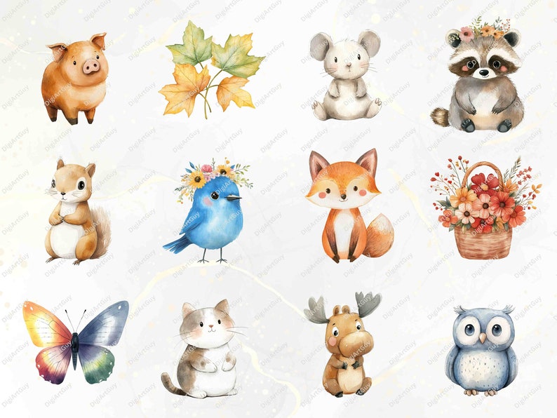 Cute woodland creatures like a bunny, fox, black cat, and moose, accompanied by natural elements like trees and flowers. These high-quality PNGs are perfect for DIY projects, digital illustrations, and scrapbooking.