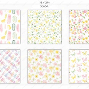 A set of six seamless pattern previews, including abstract pastel brush strokes, floral prints, butterflies, and plaid designs in soft spring-inspired hues of pink, green, and yellow, presented in a grid format.