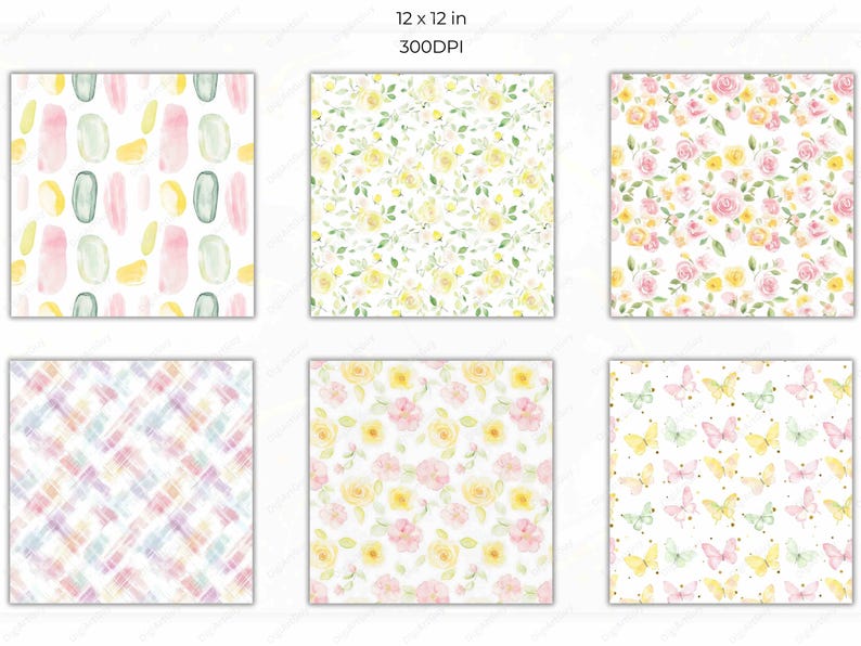 A set of six seamless pattern previews, including abstract pastel brush strokes, floral prints, butterflies, and plaid designs in soft spring-inspired hues of pink, green, and yellow, presented in a grid format.