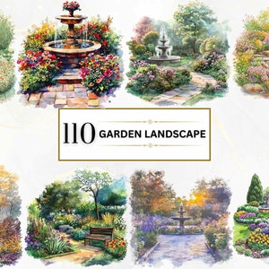 A beautiful collection of 110 garden landscape watercolor illustrations featuring vibrant flower beds, peaceful garden paths, and elegant fountains. Perfect for garden-themed designs, DIY projects, wall art, scrapbooking, and more.