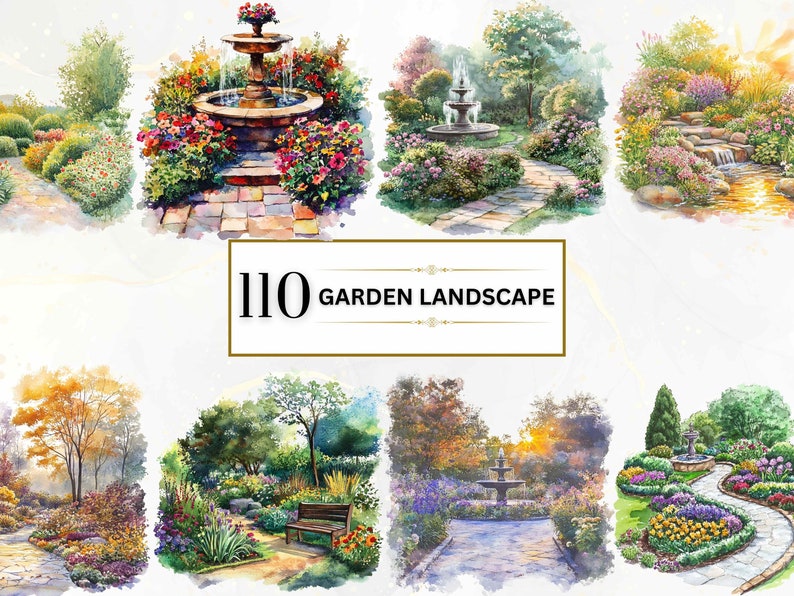 A beautiful collection of 110 garden landscape watercolor illustrations featuring vibrant flower beds, peaceful garden paths, and elegant fountains. Perfect for garden-themed designs, DIY projects, wall art, scrapbooking, and more.