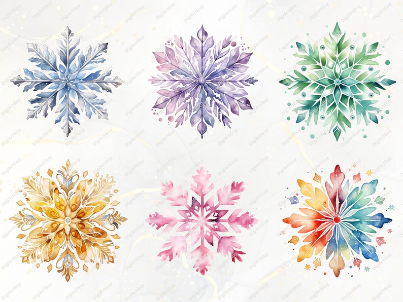 May include: Six watercolor snowflakes in different colors, including blue, purple, green, gold, pink, and rainbow. The snowflakes are painted on a white background.