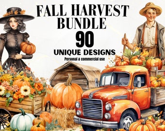 May include: A watercolor illustration of a fall harvest bundle with 90 unique designs. The image features a woman in a witch's hat, a vintage truck, pumpkins, and fall foliage.