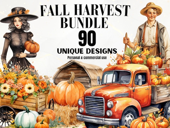 Fall Harvest Clipart Bundle - 90 PNGs, Watercolor Fall Harvest PNGs, Nursery Clipart Decor, Farm Animals, Digital Download, Transparent PNGs