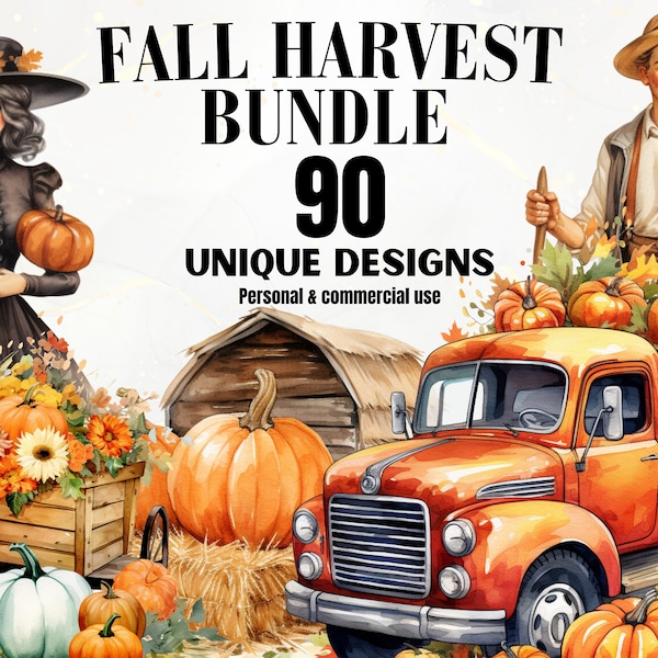 Fall Harvest Clipart Bundle - 90 PNGs, Watercolor Fall Harvest PNGs, Nursery Clipart Decor, Farm Animals, Digital Download, Transparent PNGs