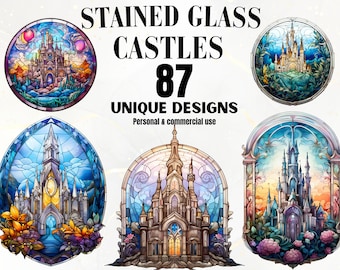 Stained Glass Castle PNG Bundle - 87 Unique Stained Glass Clipart Bundle, Stained Glass Art, Digital Paper, Stained Glass PNG
