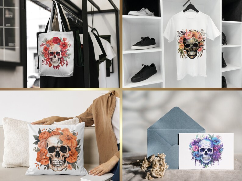 以下が含まれることがあります： 白いトートバッグ、白いTシャツ、白い枕、白いカードはすべて、花輪をつけた頭蓋骨が描かれています。花はオレンジ、赤、ピンクです。頭蓋骨は白く、目は黒く、鼻は黒いです。