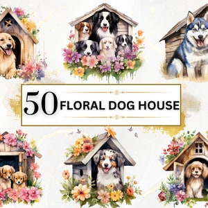 Hond clipart bundel-50 honden clipart PNG, Floral hond huis clipart, aquarel dierlijke clipart, puppy clipart, schattige hond PNG, commercieel gebruik