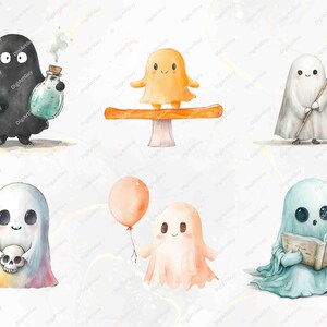 Individual ghost characters are shown engaging in cozy and playful moments, like sliding down playground slides, playing hopscotch, and reading under a tree. These charming scenes offer endless creative possibilities for designs.