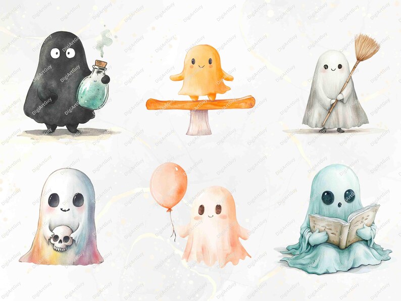 Individual ghost characters are shown engaging in cozy and playful moments, like sliding down playground slides, playing hopscotch, and reading under a tree. These charming scenes offer endless creative possibilities for designs.