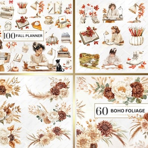 May include: A digital planner and boho foliage clip art set. The planner set includes 100 fall-themed illustrations, including leaves, pumpkins, and a typewriter. The foliage set includes 60 illustrations of brown, white, and cream flowers and leaves.