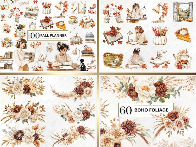 May include: A digital planner and boho foliage clip art set. The planner set includes 100 fall-themed illustrations, including leaves, pumpkins, and a typewriter. The foliage set includes 60 illustrations of brown, white, and cream flowers and leaves.