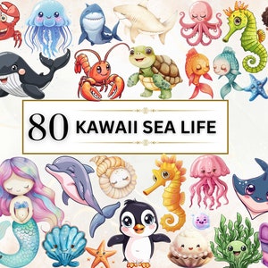 Sea Life Kawaii Clipart Bundle Cute Kawaii PNG Clipart Kawaii Sea Life PNG Kawaii Stickers Cute Kawaii Clipart Under the Sea Cute Mermaid