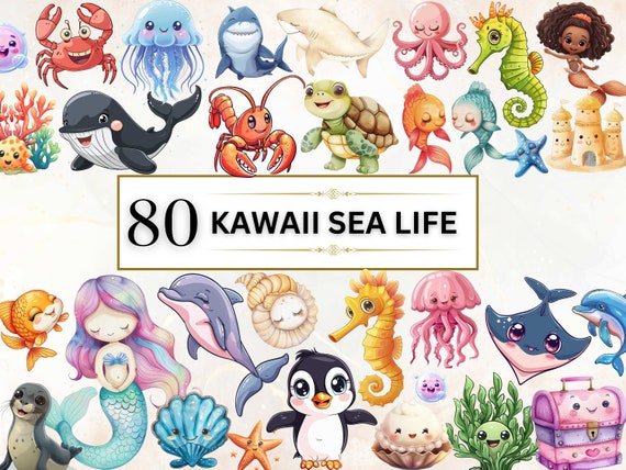 Sea Life Kawaii Clipart Bundle Cute Kawaii PNG Clipart Kawaii Sea Life PNG Kawaii Stickers Cute Kawaii Clipart Under the Sea Cute Mermaid