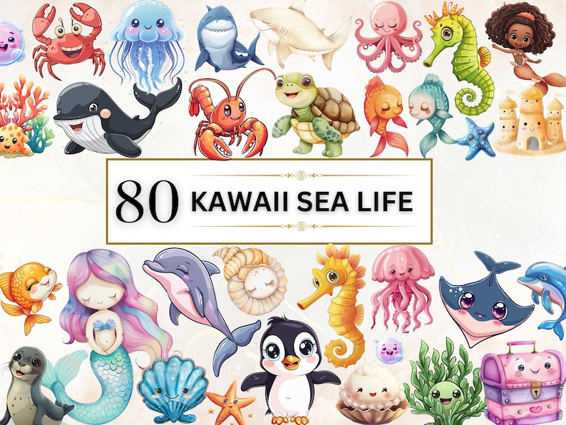 Image shows Kawaii Sea Life Clipart featuring 80 unique designs including shark, jelly fish, dolphin, seahorse, sea shell, mermaids, seal, coral, treasure box, fish and more.