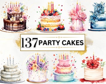 Cake Clipart Bundle- 137 Cake PNGs, Watercolor Birthday Cake PNG, Birthday Bundle, Birthday PNG, Birthday Party Clipart,Wedding Cake Clipart