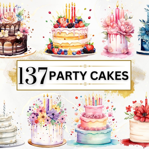 Bundle de cliparts pour gâteau - 137 PNGs pour gâteau, gâteau d'anniversaire aquarelle PNG, lot d'anniversaire, anniversaire PNG, Clipart fête d'anniversaire, Clipart de gâteau de mariage