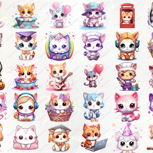 May include: A collection of 24 adorable cartoon cat illustrations. Each cat is depicted in a different pose and wearing a variety of outfits and accessories. The cats are all smiling and have big, bright eyes.