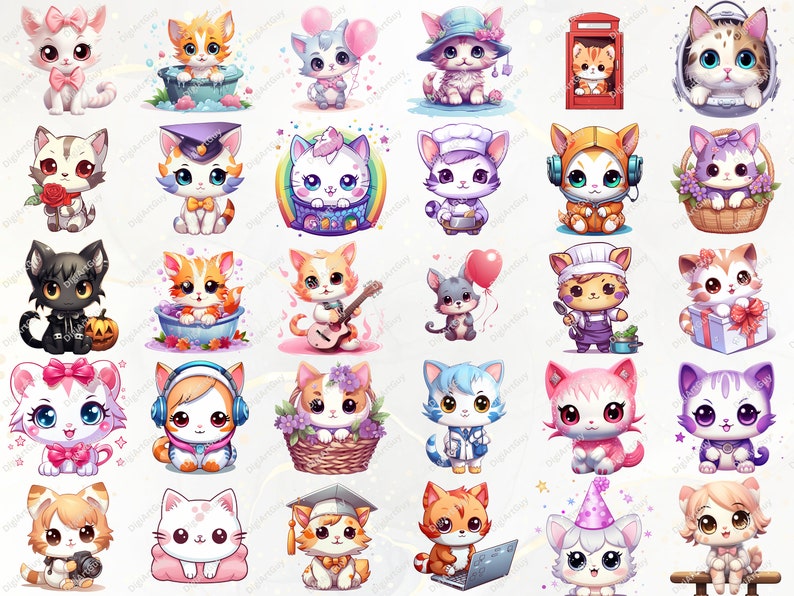 May include: A collection of 24 adorable cartoon cat illustrations. Each cat is depicted in a different pose and wearing a variety of outfits and accessories. The cats are all smiling and have big, bright eyes.