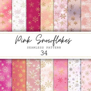 May include: A set of 34 digital seamless patterns featuring pink and gold snowflakes. The patterns are ideal for scrapbooking, card making, and other craft projects.