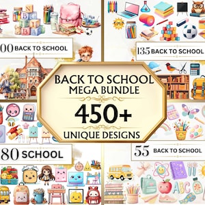 Clipart escolar de acuarela, material imprimible para volver a la escuela, paquete de imágenes PNG escolares, clipart escolar kawaii, útiles escolares, decoración del aula, PNG de sublimación
